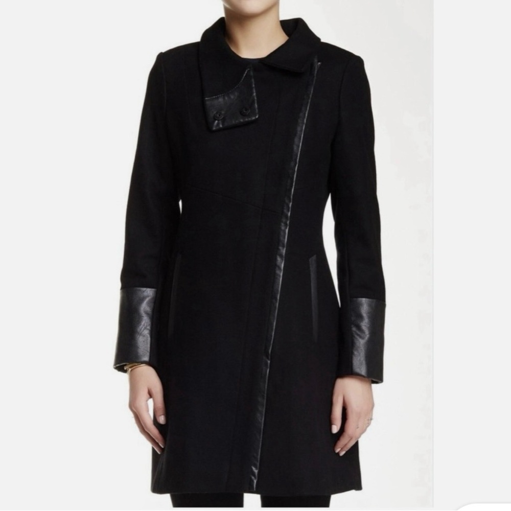 RACHEL Rachel Roy Black Trench Coat with Leather Accents